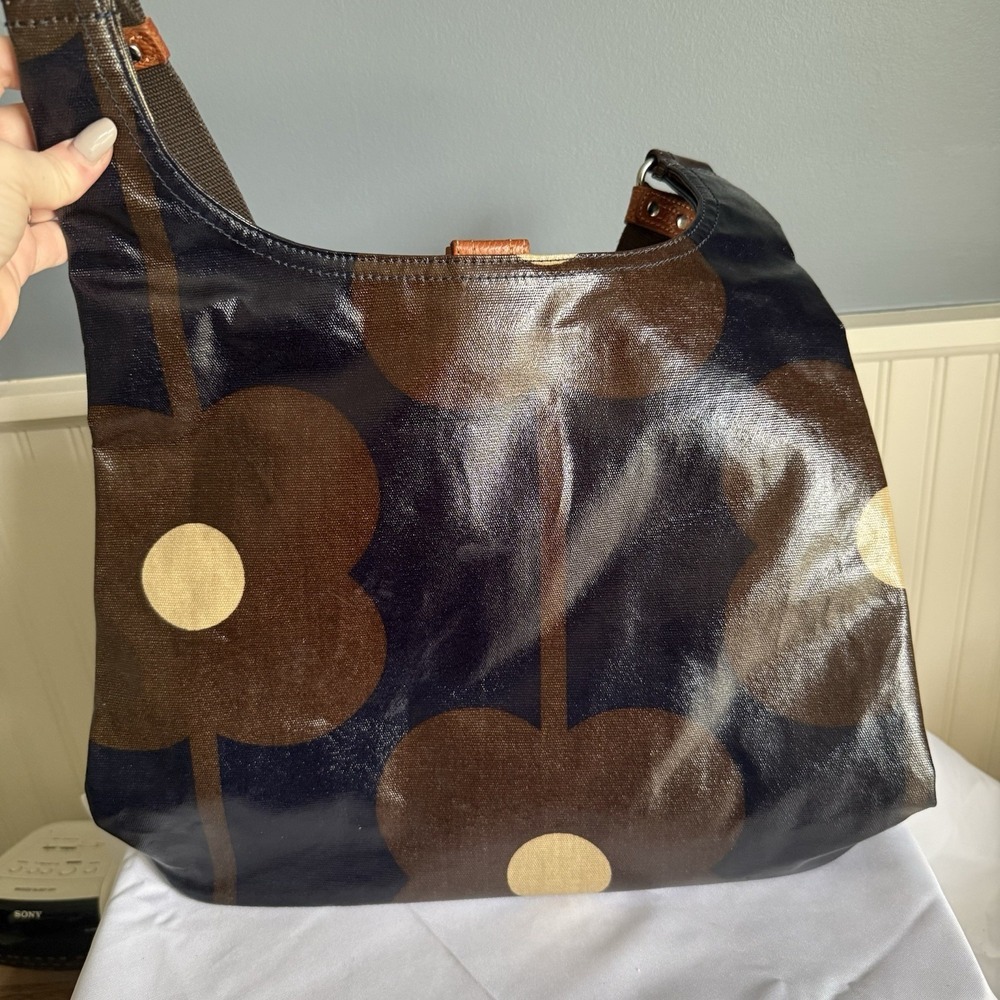 Orla Kiely Floral Midi Sling Crossbody Bag Purse Navy Blue Brown Coated Cotton